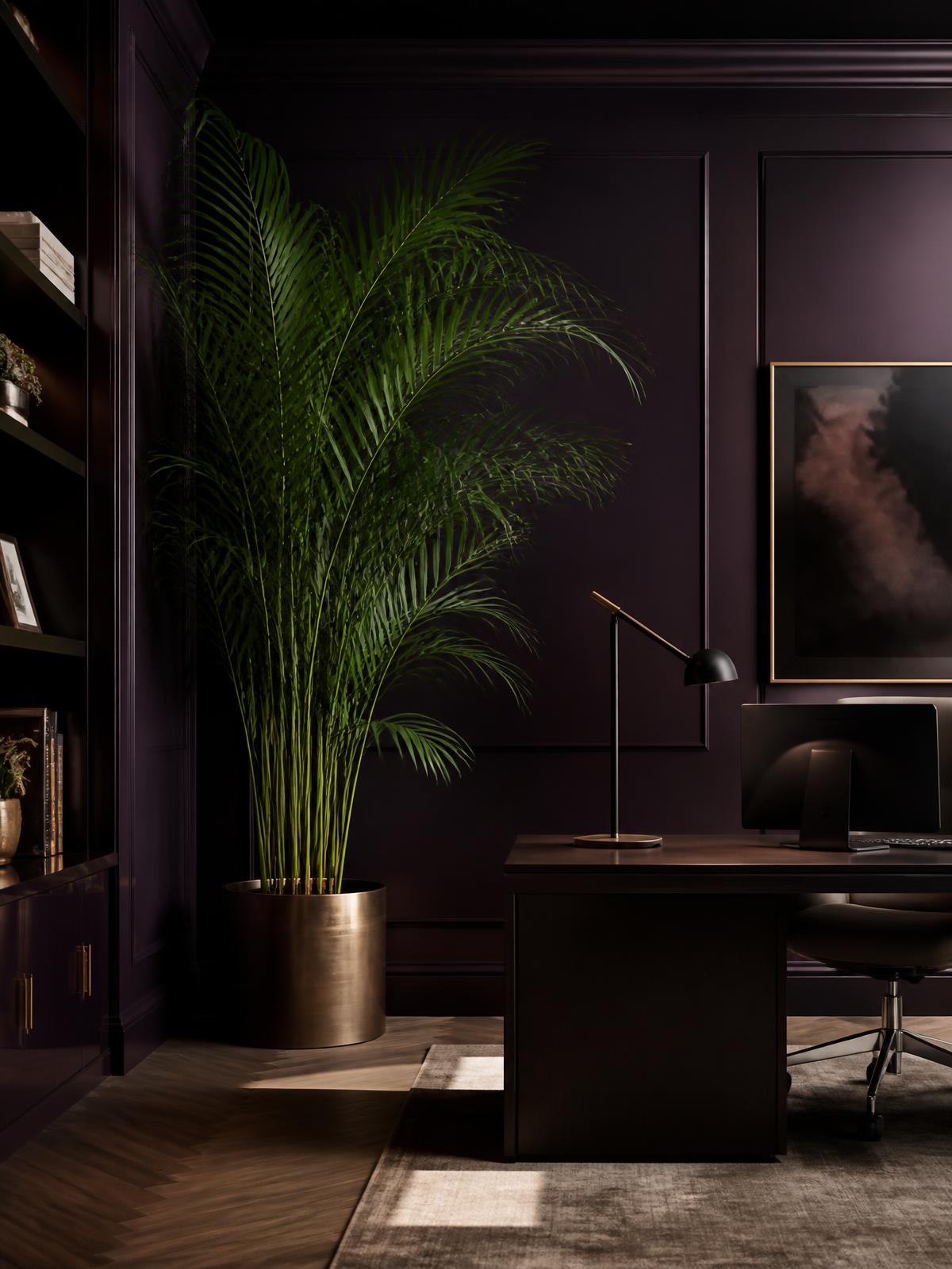 Palmeira areca artificial em escritório luxuoso com paredes roxo açaí